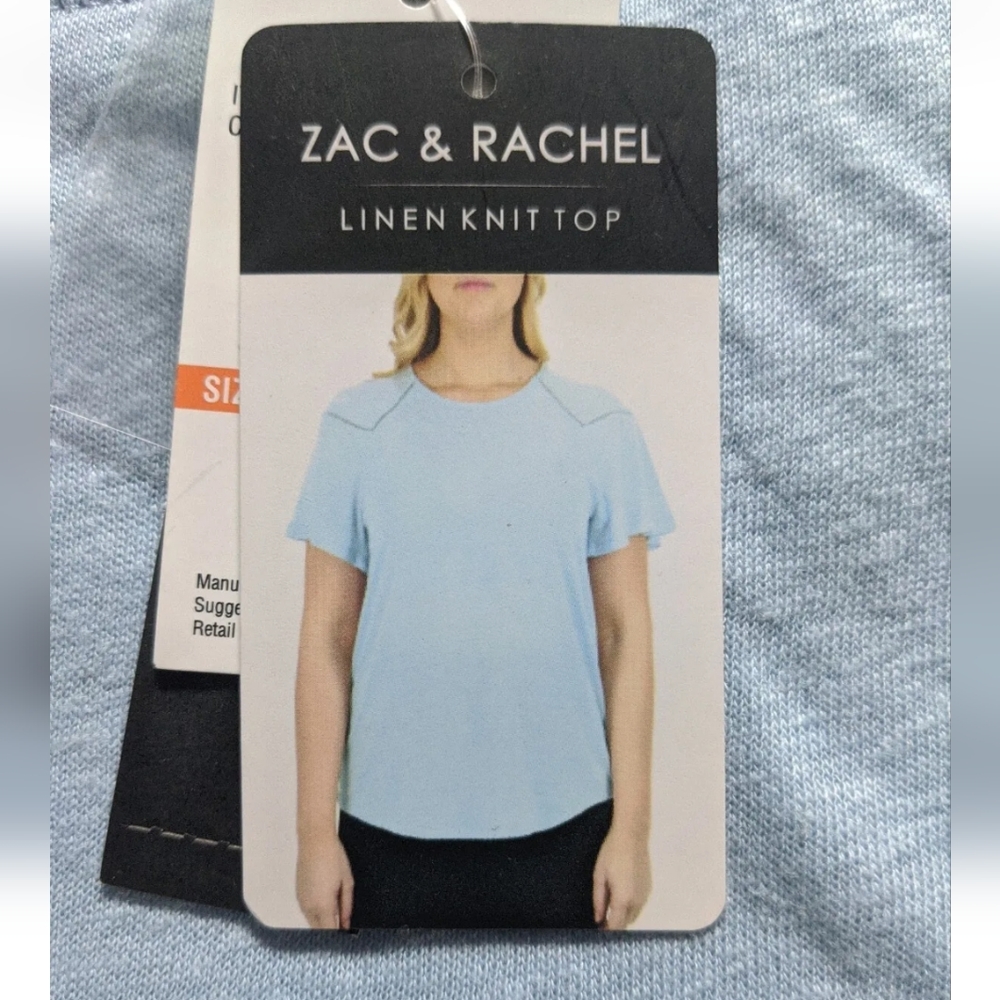 NWT Women's Zac & Rachel Chambray Blue Flutter Sleeve Linen Knit Top - Medium. - Picture 9 of 11